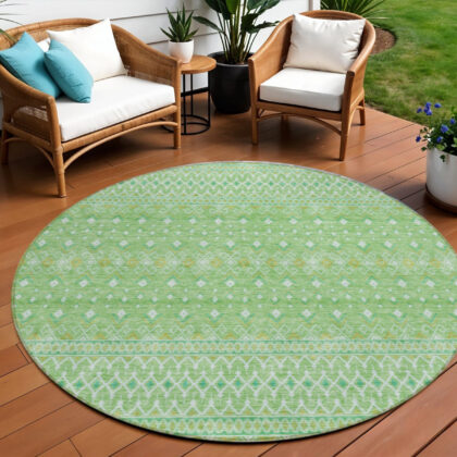 8' Green And Mint Green Round Tribal Washable Indoor Outdoor Area Rug