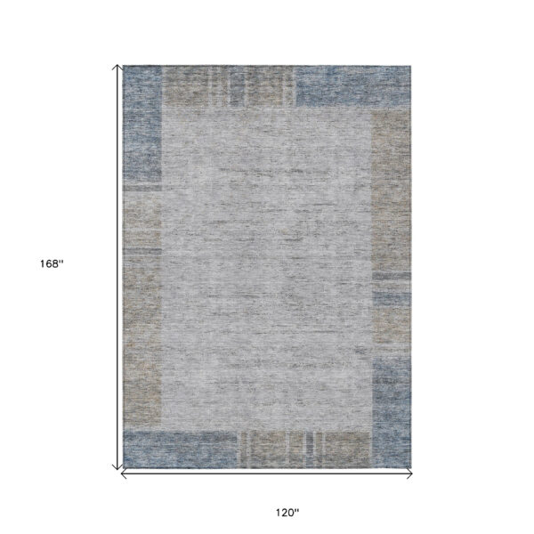 10' X 14' Taupe Beige And Blue Geometric Washable Indoor Outdoor Area Rug