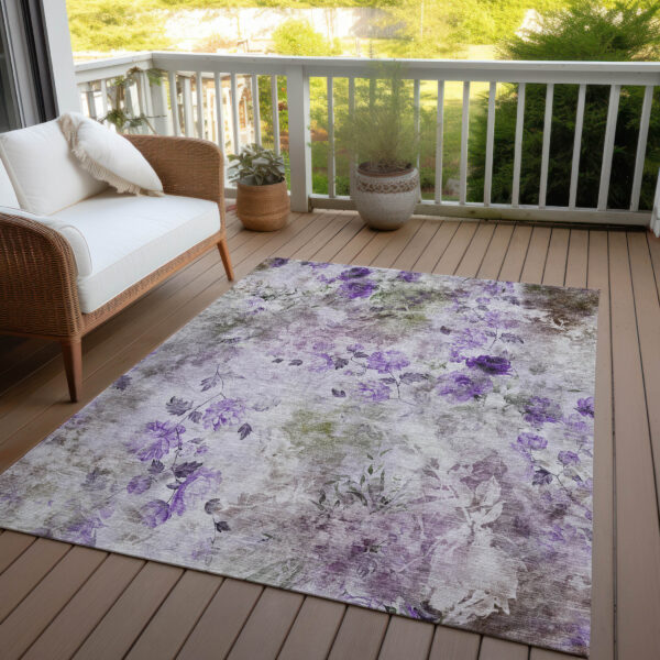 10' X 14' Purple Lavender And Artichoke Green Floral Washable Indoor Outdoor Area Rug