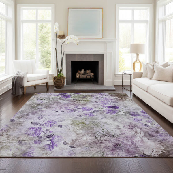 10' X 14' Purple Lavender And Artichoke Green Floral Washable Indoor Outdoor Area Rug