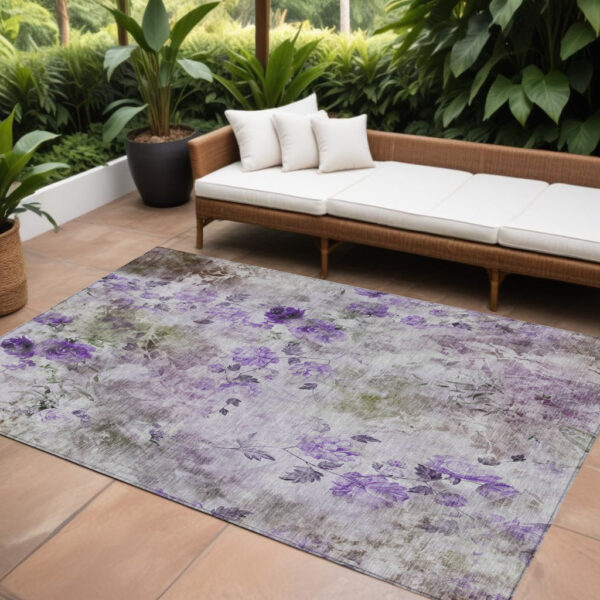 10' X 14' Purple Lavender And Artichoke Green Floral Washable Indoor Outdoor Area Rug