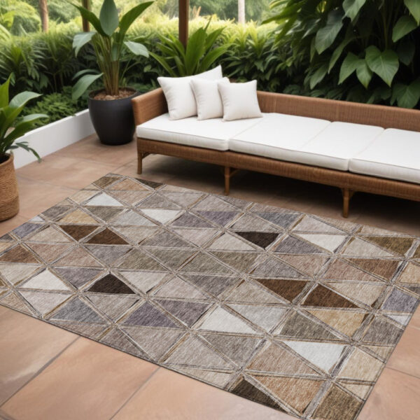 8' X 10' Brown Beige And Khaki Geometric Washable Indoor Outdoor Area Rug