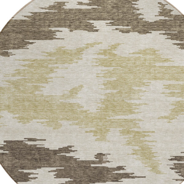 8' Chocolate Beige And Gold Round Abstract Washable Indoor Outdoor Area Rug