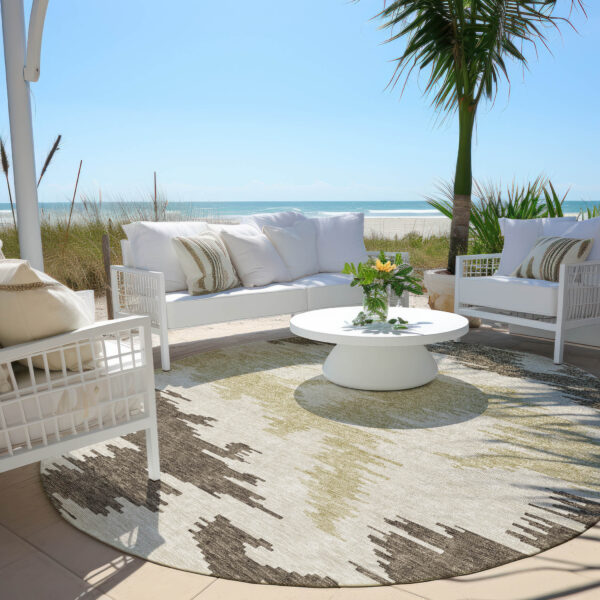 8' Chocolate Beige And Gold Round Abstract Washable Indoor Outdoor Area Rug