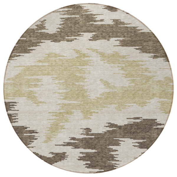 8' Chocolate Beige And Gold Round Abstract Washable Indoor Outdoor Area Rug