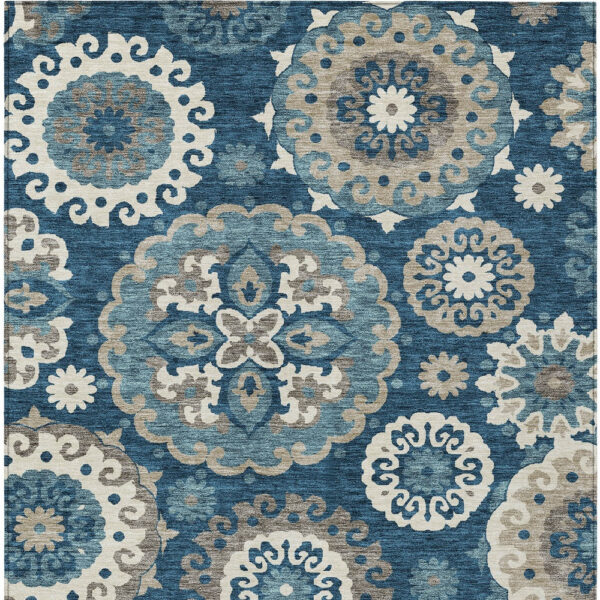 9' X 12' Navy Blue And Taupe Floral Medallion Washable Indoor Outdoor Area Rug