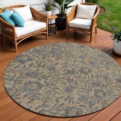 8' Khaki Beige And Gray Round Floral Washable Indoor Outdoor Area Rug
