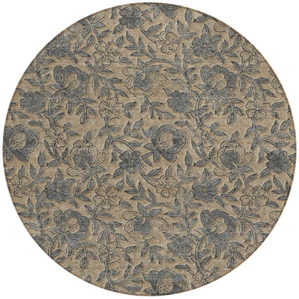 8' Khaki Beige And Gray Round Floral Washable Indoor Outdoor Area Rug