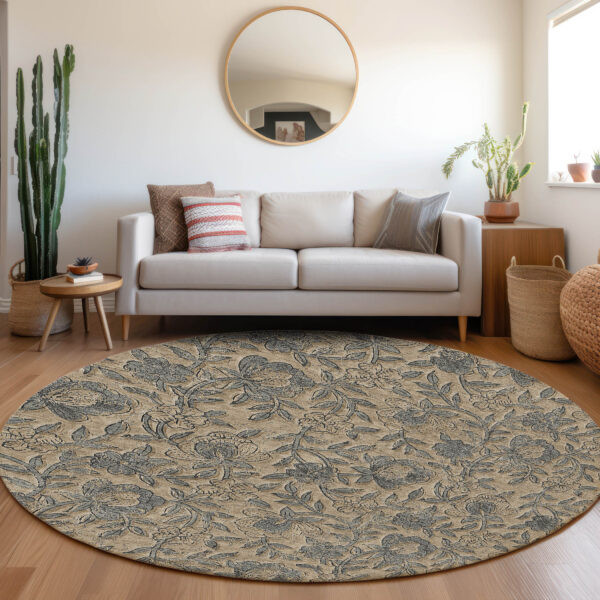8' Khaki Beige And Gray Round Floral Washable Indoor Outdoor Area Rug
