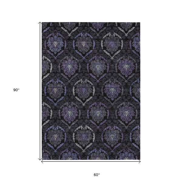 5' X 8' Purple Charcoal And Gray Medallion Washable Indoor Outdoor Area Rug