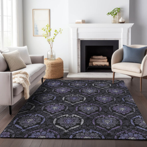 5' X 8' Purple Charcoal And Gray Medallion Washable Indoor Outdoor Area Rug