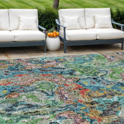 9' X 12' Orange And Teal Blue Abstract Washable Indoor Outdoor Area Rug