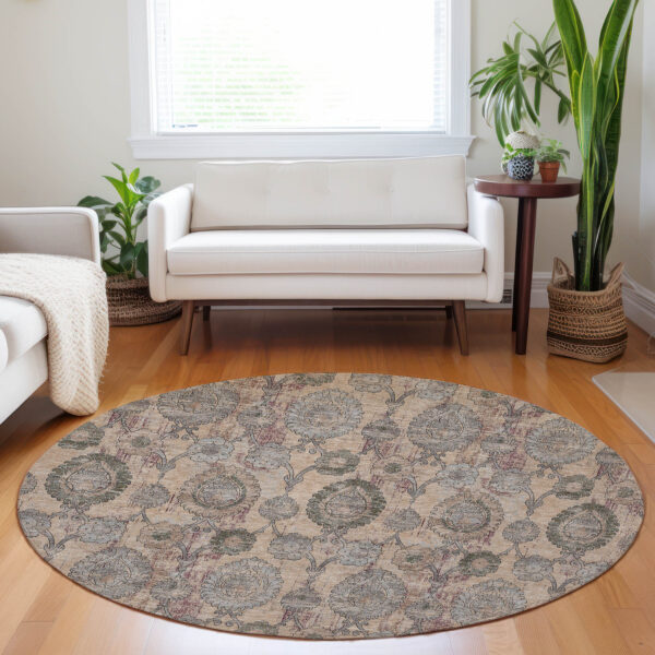 8' Coral Gray And Green Round Damask Washable Indoor Outdoor Area Rug