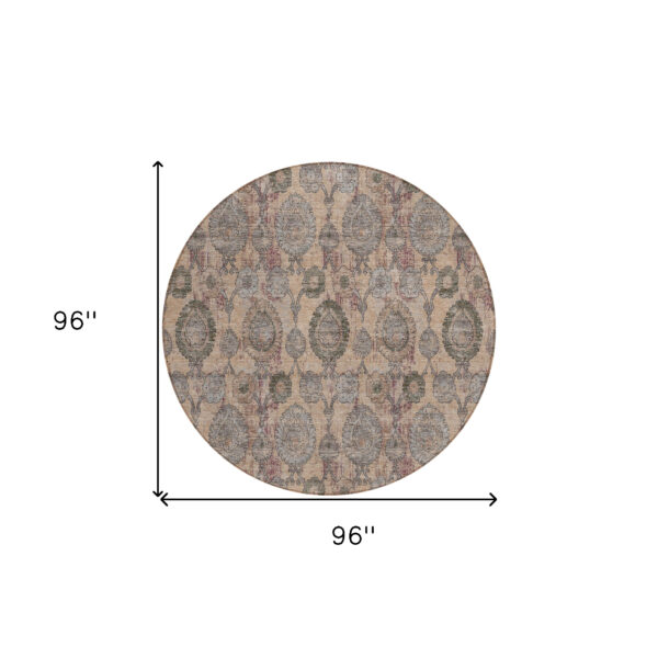8' Coral Gray And Green Round Damask Washable Indoor Outdoor Area Rug