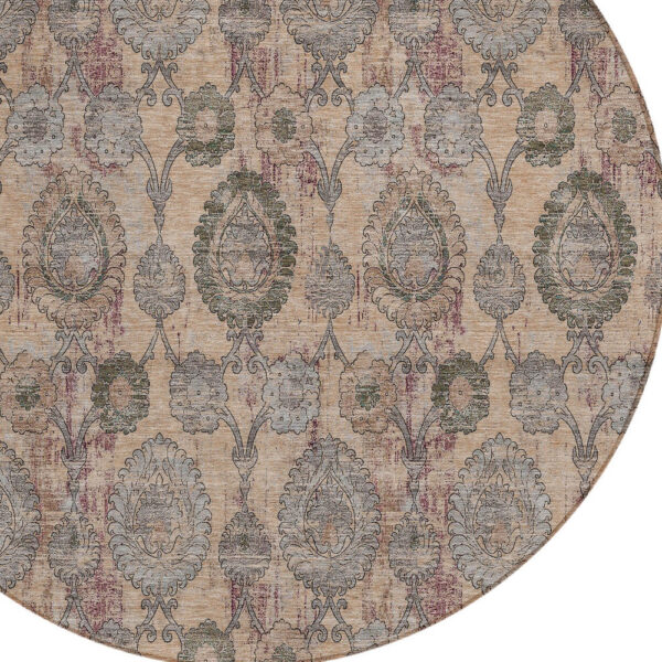 8' Coral Gray And Green Round Damask Washable Indoor Outdoor Area Rug