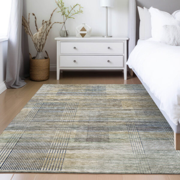 8' X 10' Khaki Tan And Beige Striped Washable Indoor Outdoor Area Rug