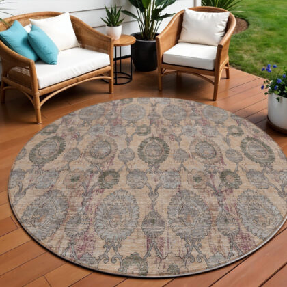 8' Coral Gray And Green Round Damask Washable Indoor Outdoor Area Rug