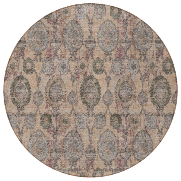 8' Coral Gray And Green Round Damask Washable Indoor Outdoor Area Rug