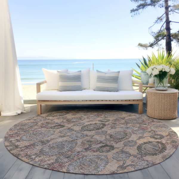 8' Coral Gray And Green Round Damask Washable Indoor Outdoor Area Rug