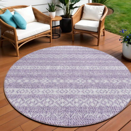 8' Purple And Lavender Round Southwestern Washable Indoor Outdoor Area Rug