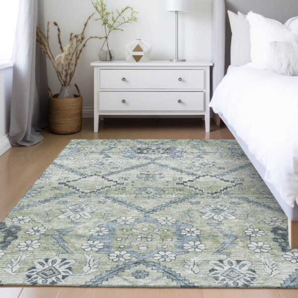 8' X 10' Artichoke Green Denim Blue And Silver Floral Washable Indoor Outdoor Area Rug