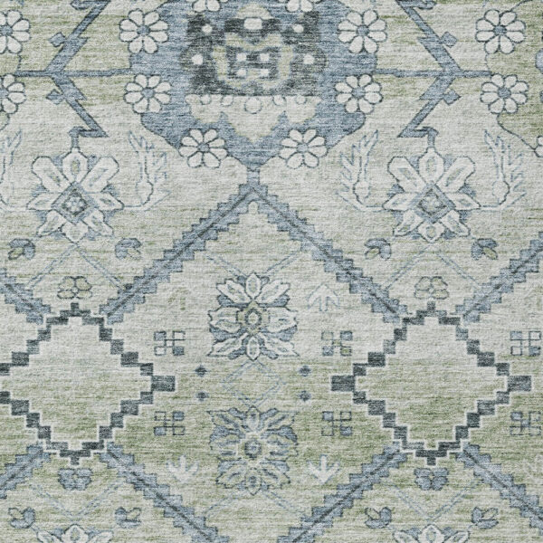 8' X 10' Artichoke Green Denim Blue And Silver Floral Washable Indoor Outdoor Area Rug