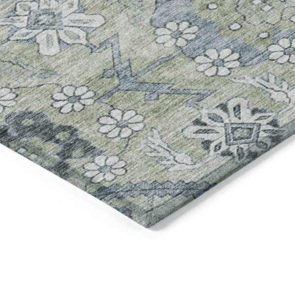 8' X 10' Artichoke Green Denim Blue And Silver Floral Washable Indoor Outdoor Area Rug