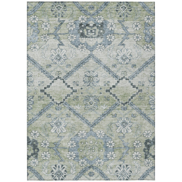 8' X 10' Artichoke Green Denim Blue And Silver Floral Washable Indoor Outdoor Area Rug