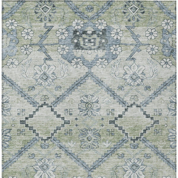 8' X 10' Artichoke Green Denim Blue And Silver Floral Washable Indoor Outdoor Area Rug