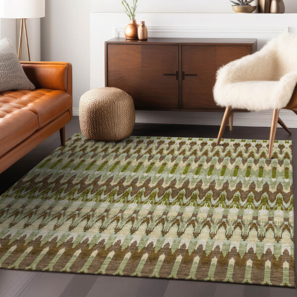 10' X 14' Artichoke Green And Brown Southwestern Washable Indoor Outdoor Area Rug