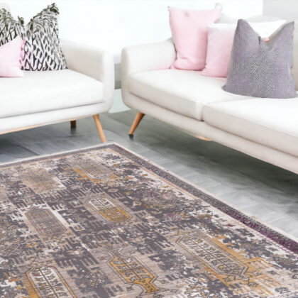 9' x 12' Brown and Ivory Oriental Power Loom Washable Non Skid Area Rug