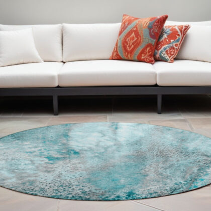 8' Round Gray and Ivory Round Abstract Washable Non Skid Indoor Outdoor Area Rug