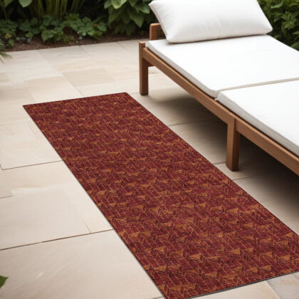 8' Runner Burgundy Geometric Washable Non Skid Indoor Outdoor Runner Rug