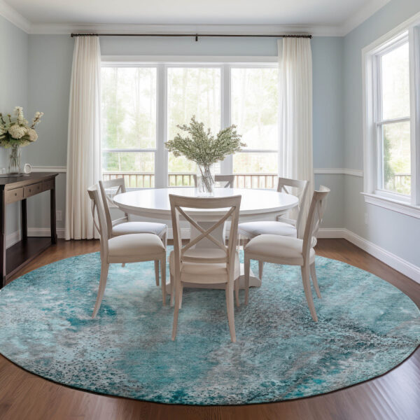 8' Round Gray and Ivory Round Abstract Washable Non Skid Indoor Outdoor Area Rug