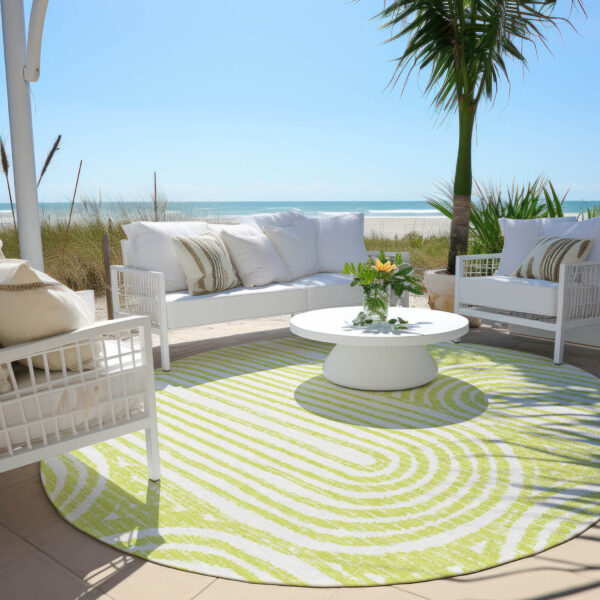 8' Round Green and White Round Abstract Washable Non Skid Indoor Outdoor Area Rug
