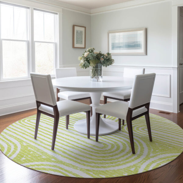 8' Round Green and White Round Abstract Washable Non Skid Indoor Outdoor Area Rug