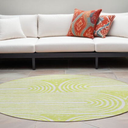 8' Round Green and White Round Abstract Washable Non Skid Indoor Outdoor Area Rug