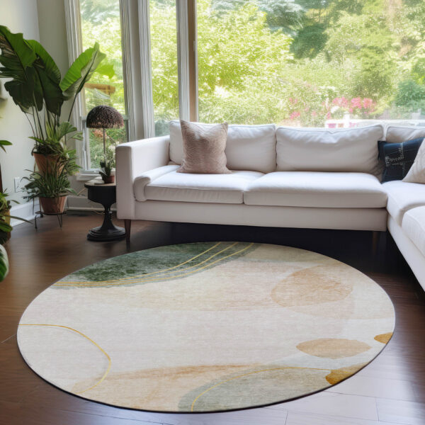 8' Round Beige and Green Round Abstract Washable Non Skid Indoor Outdoor Area Rug