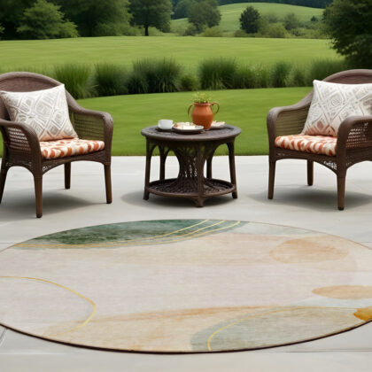 8' Round Beige and Green Round Abstract Washable Non Skid Indoor Outdoor Area Rug