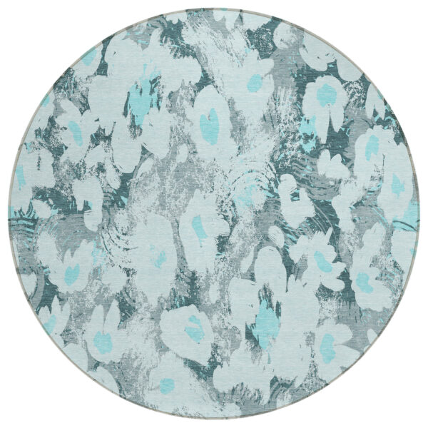 8' Round Teal Round Floral Washable Non Skid Indoor Outdoor Area Rug