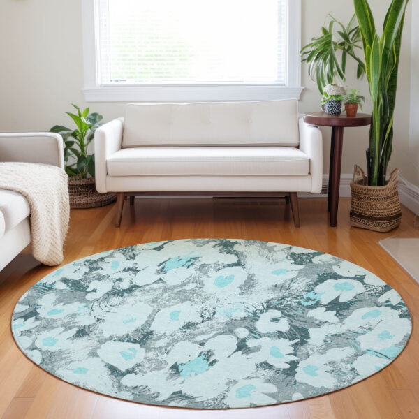 8' Round Teal Round Floral Washable Non Skid Indoor Outdoor Area Rug