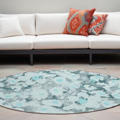 8' Round Teal Round Floral Washable Non Skid Indoor Outdoor Area Rug
