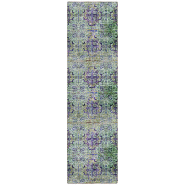 2' X 8' Purple and Green Floral Medallion Washable Non Skid Indoor Outdoor Runner Rug