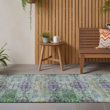2' X 8' Purple and Green Floral Medallion Washable Non Skid Indoor Outdoor Runner Rug