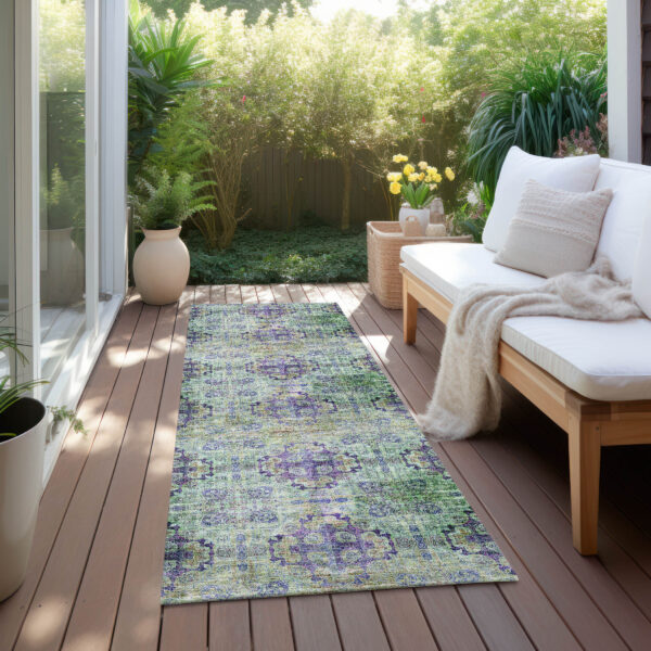 2' X 8' Purple and Green Floral Medallion Washable Non Skid Indoor Outdoor Runner Rug