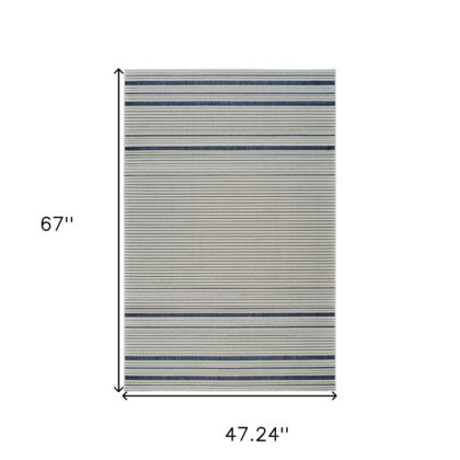 4' X 6' Blue and Cream Striped Distressed Indoor Outdoor Area Rug