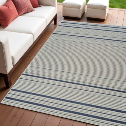 4' X 6' Blue and Cream Striped Distressed Indoor Outdoor Area Rug