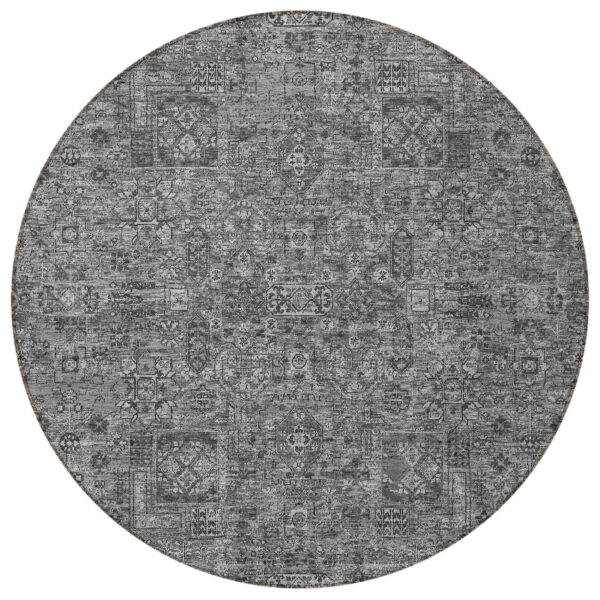 8' Charcoal And Silver Round Floral Washable Indoor Outdoor Area Rug