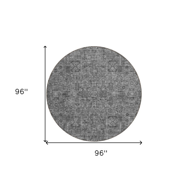 8' Charcoal And Silver Round Floral Washable Indoor Outdoor Area Rug