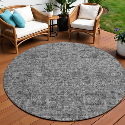 8' Charcoal And Silver Round Floral Washable Indoor Outdoor Area Rug